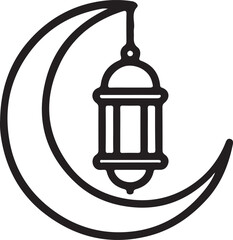 Black line art crescent moon and lantern icon for Islamic holidays and celebrations