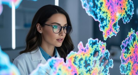 A woman in a lab coat examining a colorful, abstract digital image.