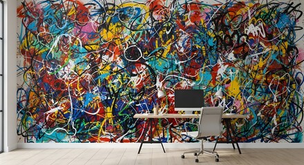 A contemporary home office with a minimalist wooden desk and white ergonomic chair set against a vibrant, graffiti-style abstract mural, embodying the dynamic "Chromatic Chaos Office" theme.