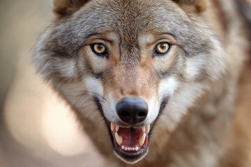 Fototapeta premium Closeup of a wolf showing fierce eyes and sharp teeth in the wild, illustrating predator wildlife