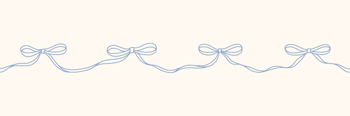 Hand drawn coquette bow seamless border with a charming whimsical cottage core design. Soft blue, pastel, and nostalgic, perfect for textiles, wrapping paper, and romantic vintage-inspired decor.