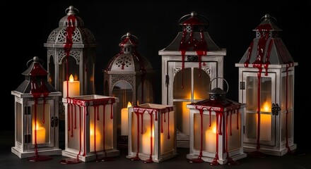 Lit lanterns dripping with blood create a spooky halloween scene