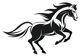 Black and White of a Rearing Horse with Flowing Mane and Tail