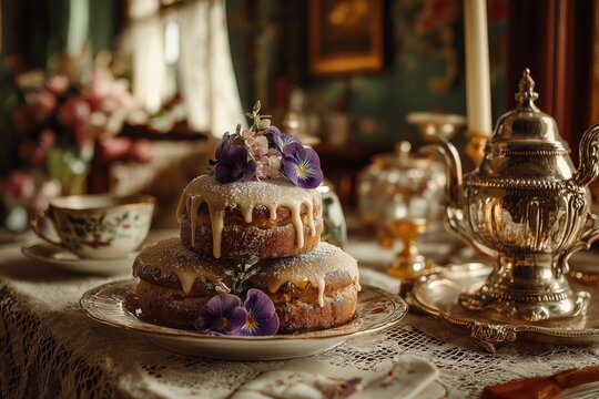 Lemon tea cakes with violets served under gaslight in Victorian floral parlor