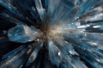 Crystal shards explode in radial pattern of icy silver and electric blue