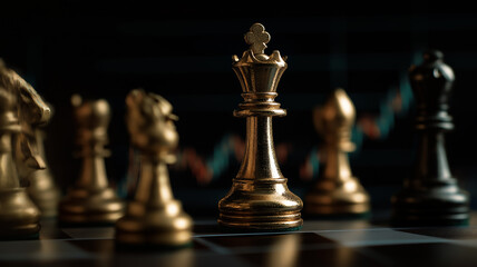 Chess pieces on stock chart, intense focus on queen piece on stock trend, dramatic lighting with shadows, financial tension