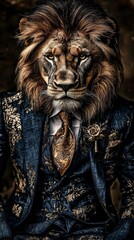 Portrait of a lion exhibiting human-like traits and attire. 