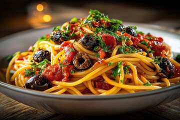 Glossy spaghetti alla puttanesca with olives and anchovies on rustic wooden table