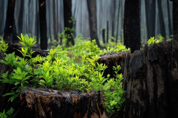 Fototapeta premium Charred forest regenerates with vibrant green saplings after destructive wildfire blaze