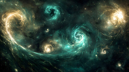 Cosmic swirls of teal and gold, swirling nebulae, with scattered stars in a dark space backdrop.  Dynamic celestial patterns, vibrant colors, abstract cosmic scene