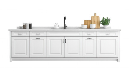 Contemporary kitchen cabinet featuring white doors, drawers, and a natural wood visualizations ideal for interior design countertop,