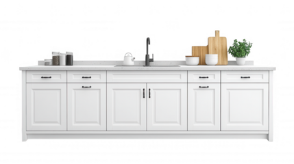 Contemporary kitchen cabinet featuring white doors, drawers, and a natural wood visualizations ideal for interior design countertop,