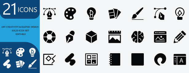 Professional solid icon set of graphic design, art tools, vector elements, illustration, creativity, editable symbols in modern flat style