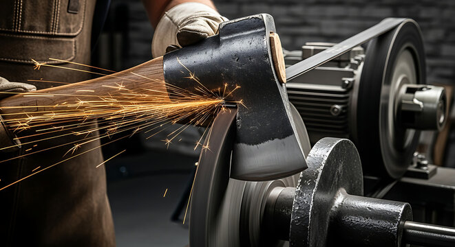 A blacksmith sharpening an axe until it is razor-sharp.
