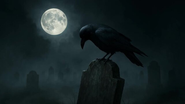 Black raven sitting on a crooked gravestone, full moon in the sky, gothic Halloween theme