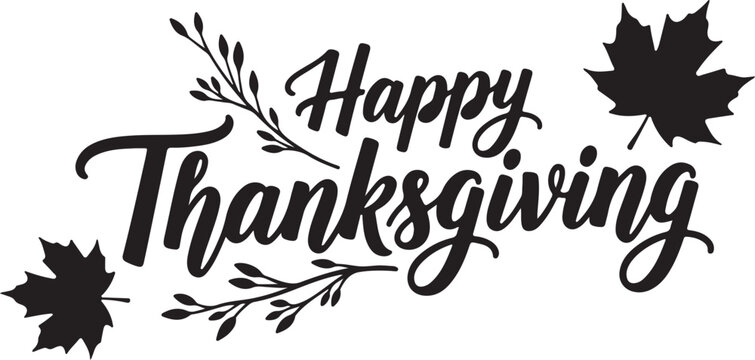Vector art of happy thanksgiving text with autumn leaves and branches