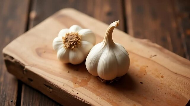 Fresh garlic bulbs on wooden board in kitchen

