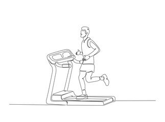 Young man running on a treadmill  in single outline illustration. Continuous line art drawing of jogging in treadmill.
