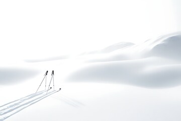 Minimalist winter landscape with ski tracks and poles in snow, pristine white mountain scenery