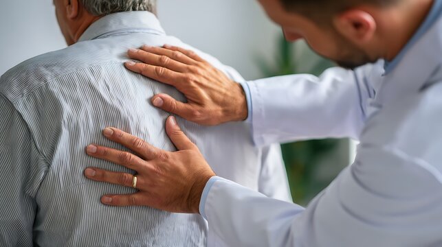 Rheumatologist performing a detailed back exam for ankylosing spondylitis .