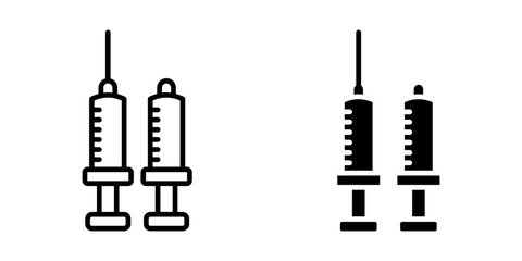 Syringe icon set. Two syringe with outline and solid style icon, medical equipment for health and vaccination, simple flat design illustration.