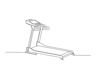 Treadmill running equipment in single outline illustration. Continuous line art drawing of sport equipment - treadmill.
