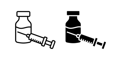 Syringe icon set.A minimal line art and solid design depicts a syringe with vial. Ideal for medical, healthcare, or pharmaceutical themed projects. Isolated on white background.