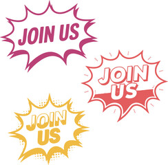 Join us label collection in various starburst styles colorful vector set perfect for call to action marketing promotion recruiting and announcement designs