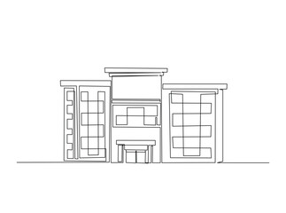 Modern building construction in single outline illustration. Continuous line art drawing of building architecture.