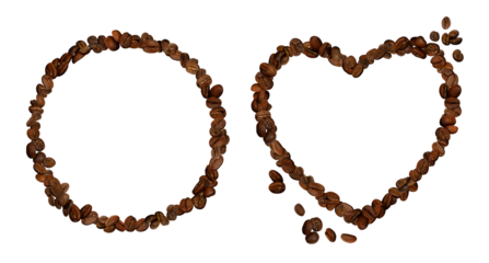 Coffee frames set isolated on transparent background. Many whole grains round shape border PNG. Big beans laid heart outline. Drink banner design. Cut out image for skincare cosmetic, syrup packaging