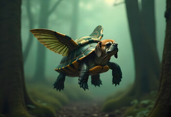 A turtle with dog face flying