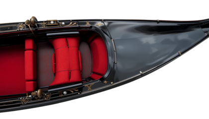 Top View of Black Gondola with Red Seat – Curved Decorative Empty Boat Photo Isolated on Transparent Background