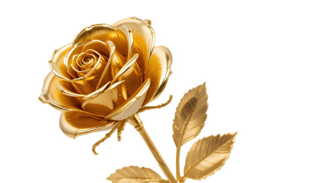 Gold Metal Rose – Shiny Realistic Metallic Flower with Intricate Petals Isolated on Transparent Background