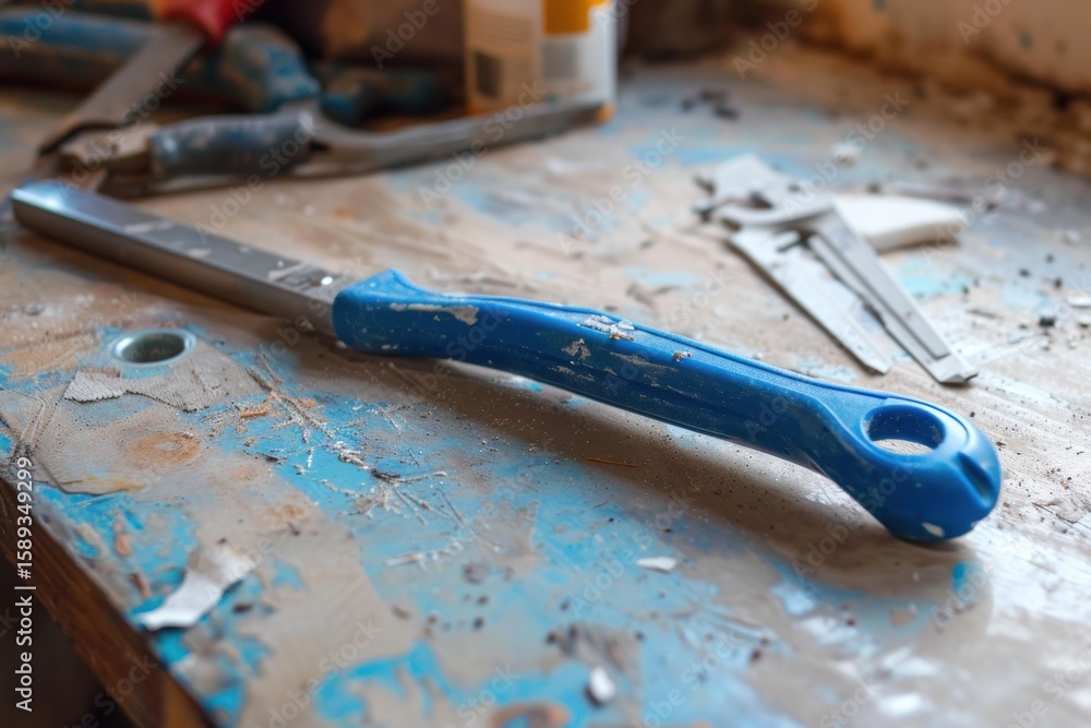 Aufkleber worn chisel resting on a cluttered workbench, surrounded by other tools, in a busy workshop environm