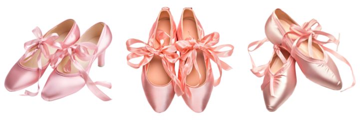 Pair of pink satin ballet pointe shoes with ribbons isolated on a clean white background