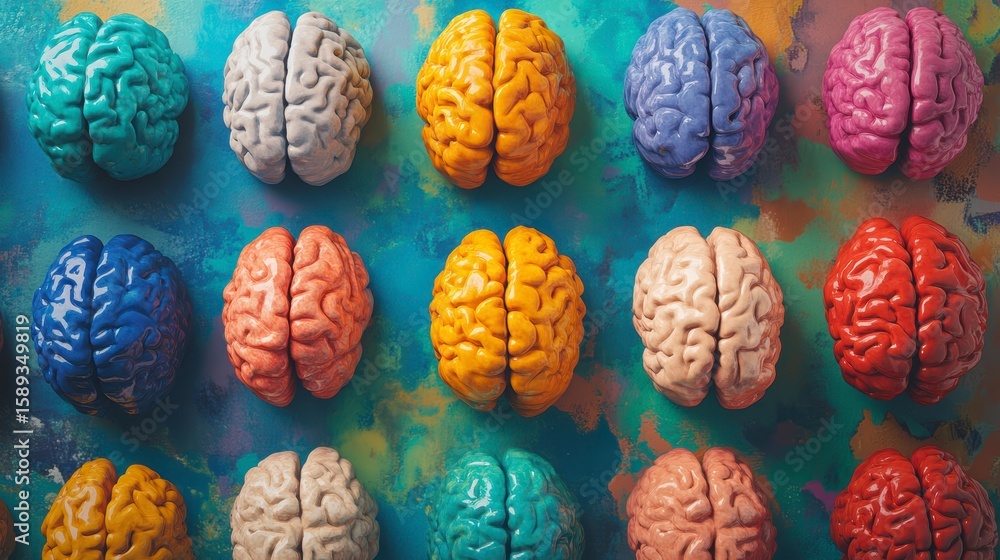 Poster colorful brain models arranged in rows on a textured background.