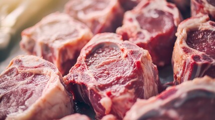 Close-up of raw, red lamb chops, ready for cooking.
