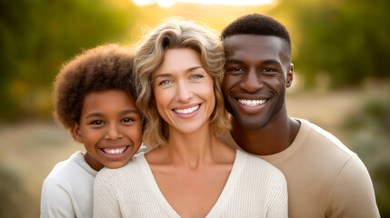 Obraz premium Family group stands close together, all looking at camera with bright smiles. Beautiful sunlit park surroundings create an inviting and warm atmosphere. Concept of family, happiness, community