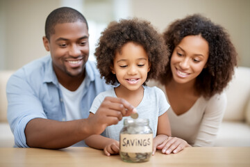 Young girl drops coin into savings jar while parents smile with pride at home. Welcoming living room setting promotes family values, financial literacy, education