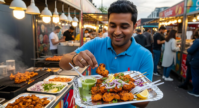 Joyful man holding a tray of delicious grilled chicken tikka with mint chutney, lemon, and red onions at a bustling outdoor street food market, showcasing a vibrant culinary experience.