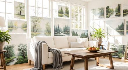 Sunlit living room showcases a collection of serene landscape paintings, creating a tranquil and artistic atmosphere.