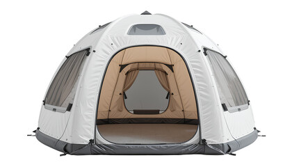 Modern Inflatable Dome Tent – White Eight-Panel Design with Black Accents and Visible Interior in Minimalist Style
