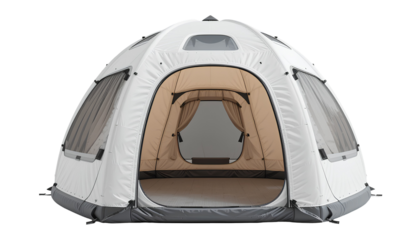 Modern Inflatable Dome Tent – White Eight-Panel Design with Black Accents and Visible Interior in Minimalist Style