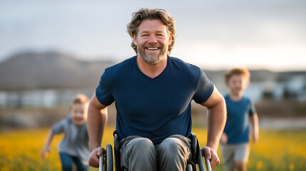 Fototapeta premium Man in wheelchair smiles while moving through a field of bright yellow flowers. Children run and play in the background under a cloudy sky. Concept of inclusivity, outdoor activities, family bonding