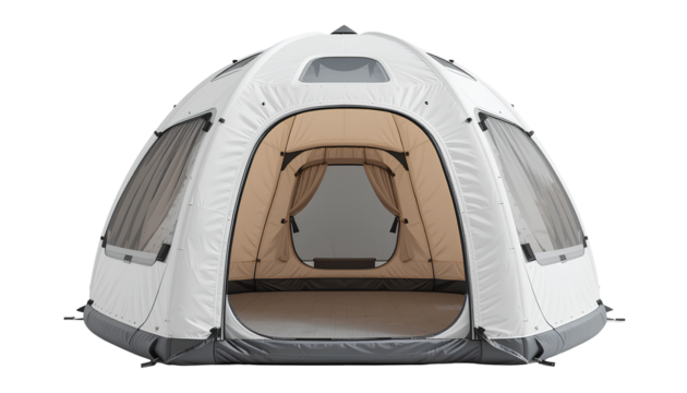 Modern Inflatable Dome Tent – White Eight-Panel Design with Black Accents and Visible Interior in Minimalist Style
