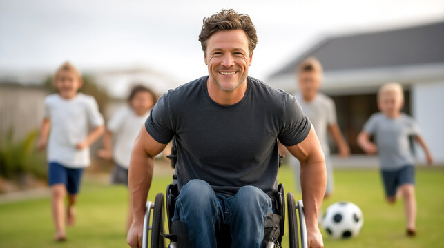 Man in wheelchair joyfully engages with children running on green grass while playing soccer. Bright daylight creates a cheerful atmosphere. Concept of inclusivity, family bonding, outdoor activities - Powered by Adobe