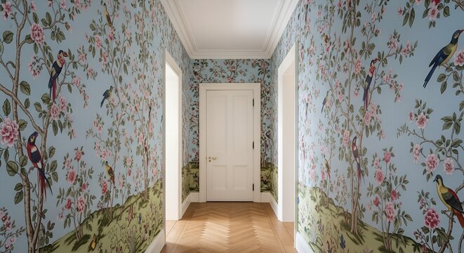 A long, elegant hallway adorned with stunning blue Chinoiserie wallpaper featuring vibrant birds, delicate pink flowers, and lush green trees, leading to a classic white door.