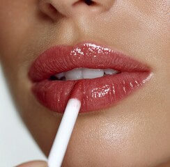 Naklejka premium Close-Up of Elegant Woman Applying Clear Lip Gloss with Applicator Stick, Hyperrealistic Beauty Shot, White Background Studio Lighting