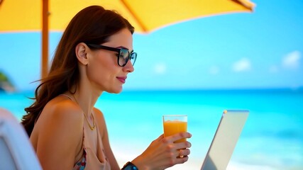 Young woman in sunglasses working on a laptop under a yellow umbrella by the sea with of juice