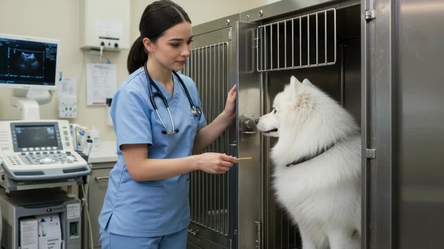 Veterinary professional caring for a fluffy Samoyed dog in a modern clinic examination room,